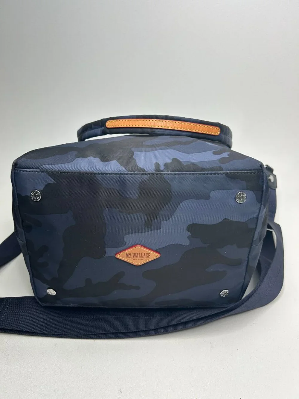 MZ WALLACE Medium Blue Camo Soho Crossbody Tote w/Pouch & Crossbody Strap